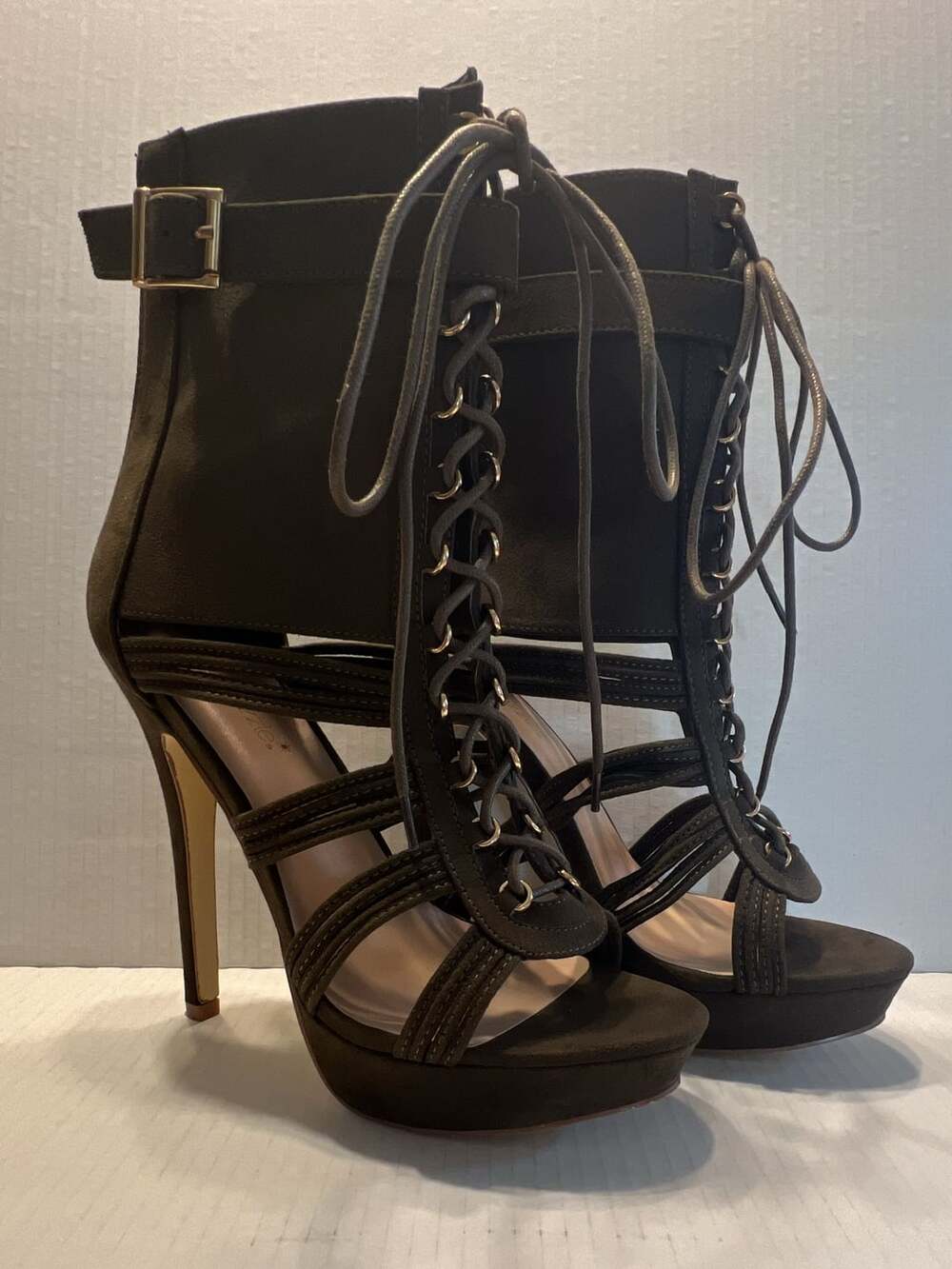 ShoeDazzle Tonda Olive Green Peep Toe Lace Up Stiletto Heel Booties